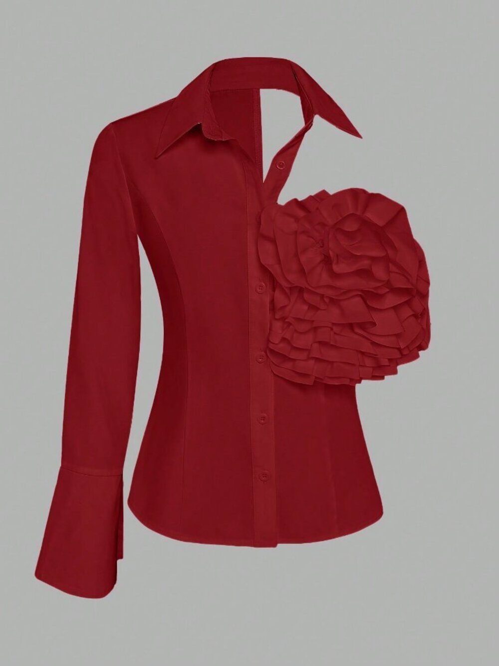 Red Casual Women's Asymmetric Collar 3d Floral Decoration Elegant Blouse - Picture 3 of 3